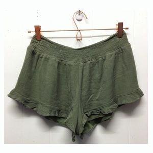 The Hanger | Olive Green Fabric Boho Ruffle Shorts